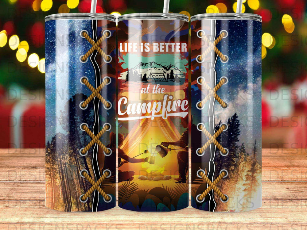Tumbler with "Life is better at the campfire" text and a starry night camping scene.