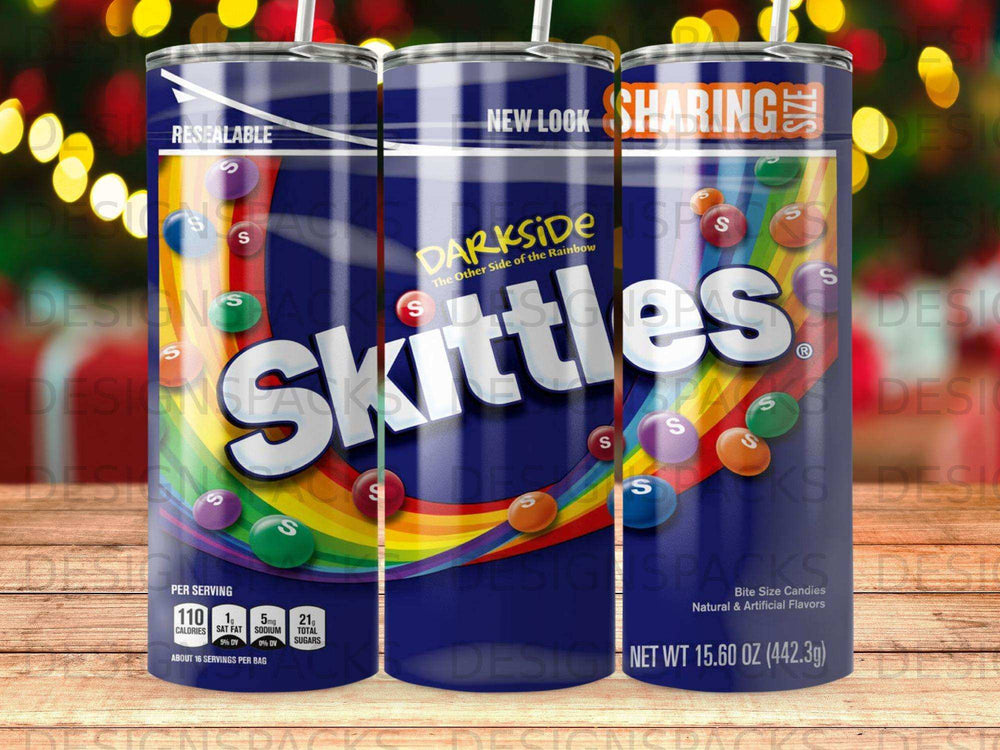Skittles resealable bag with colorful rainbow swirl and nutrition facts.