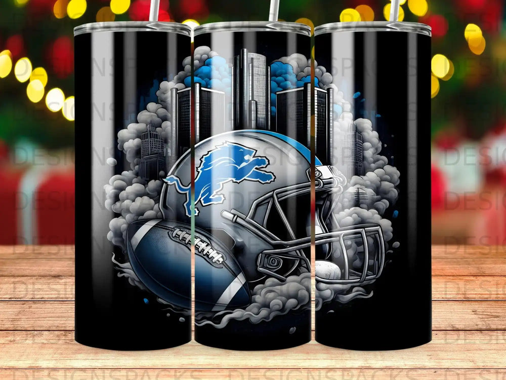 Detroit Lions helmet and football with cityscape background.