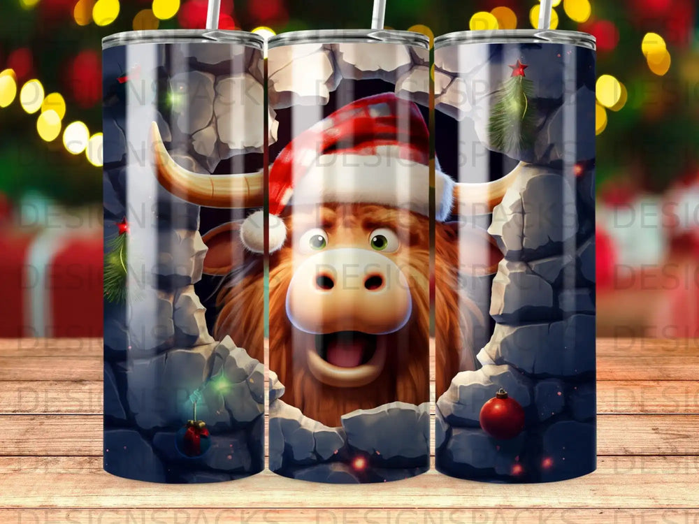 Bull wearing Santa hat breaks through wall, Christmas ornaments visible.