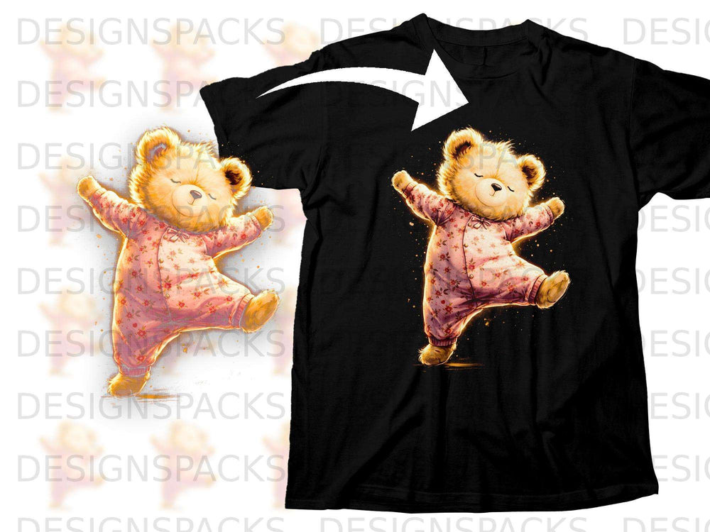 Teddy bear in pink floral pajamas dancing on a black t-shirt.