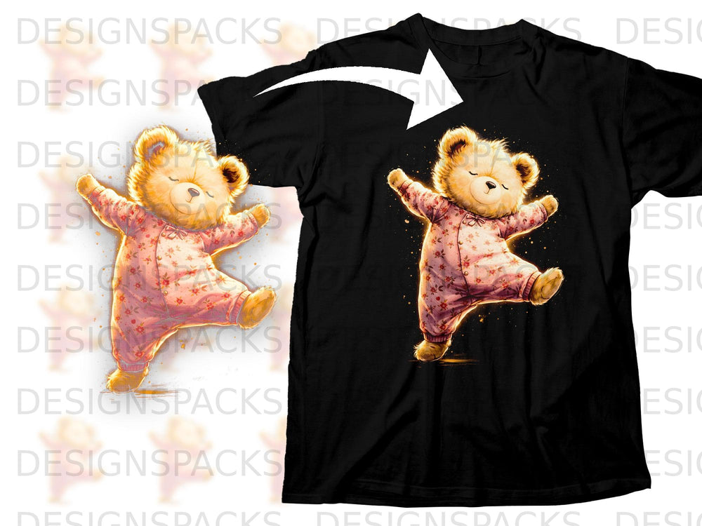 Teddy bear in pink floral pajamas dancing on a black t-shirt.