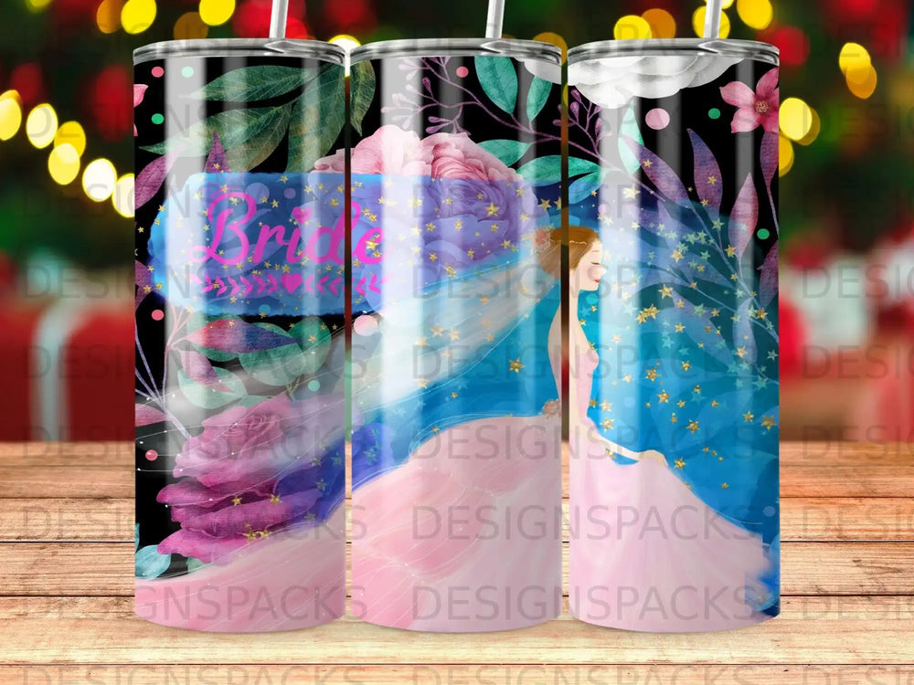 Bride graphic with pink and blue floral accents on a black tumbler.