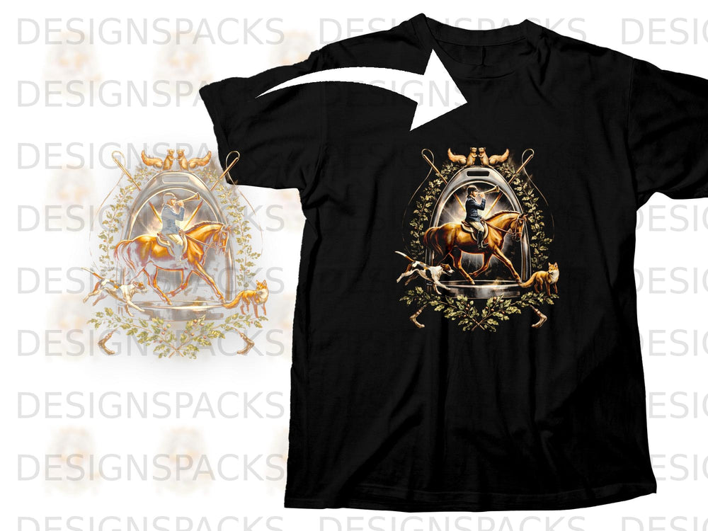 Black t-shirt with a hunting scene featuring a rider, horse, hounds, and fox.