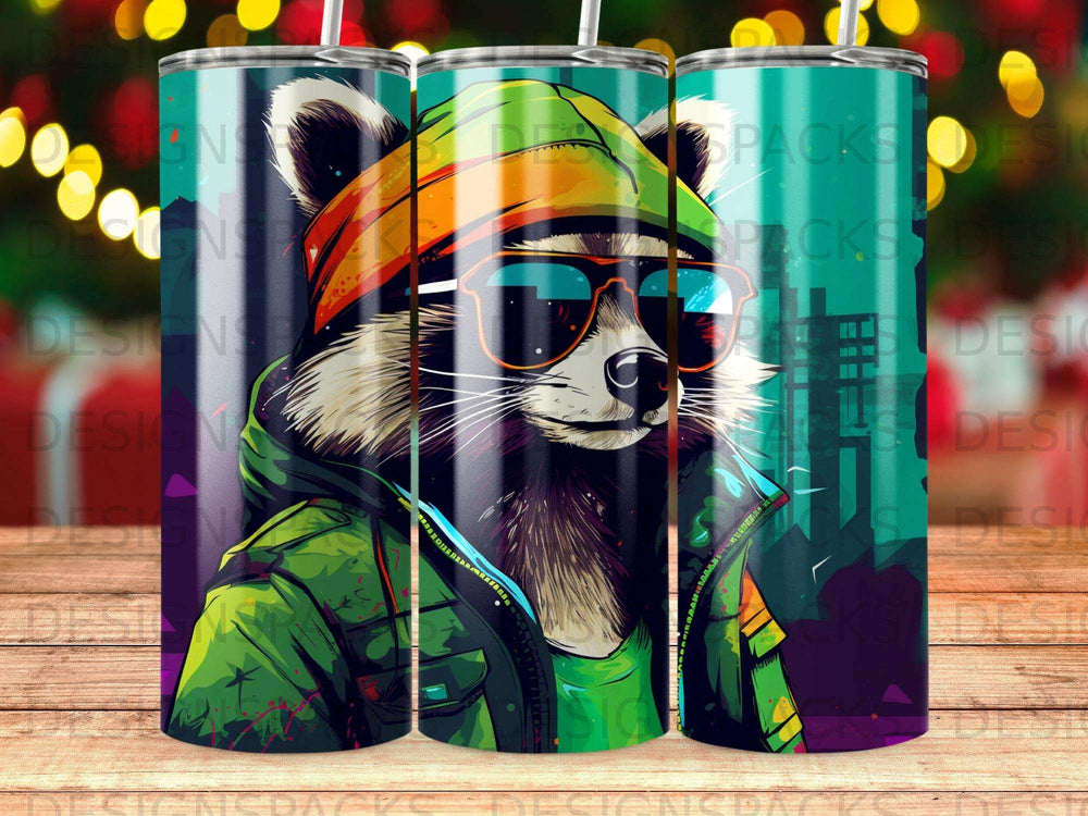 Raccoon wearing sunglasses and a green jacket.