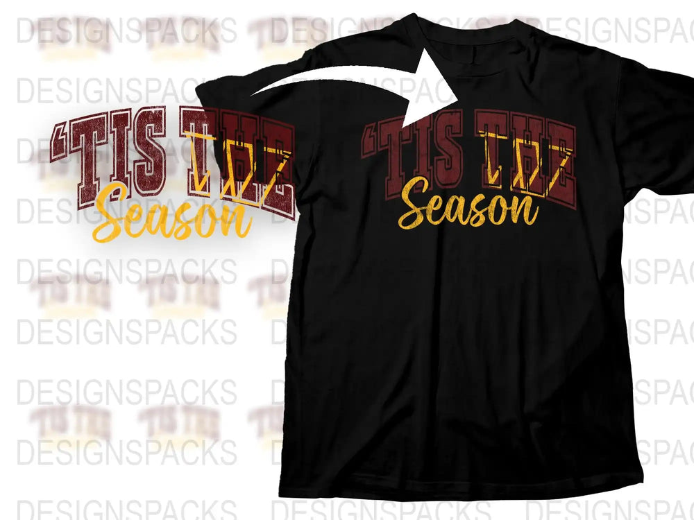 'Tis The Season Christmas Holiday T-Shirt, Festive Graphic Tee, Red and Gold Design, Unisex Winter Apparel
