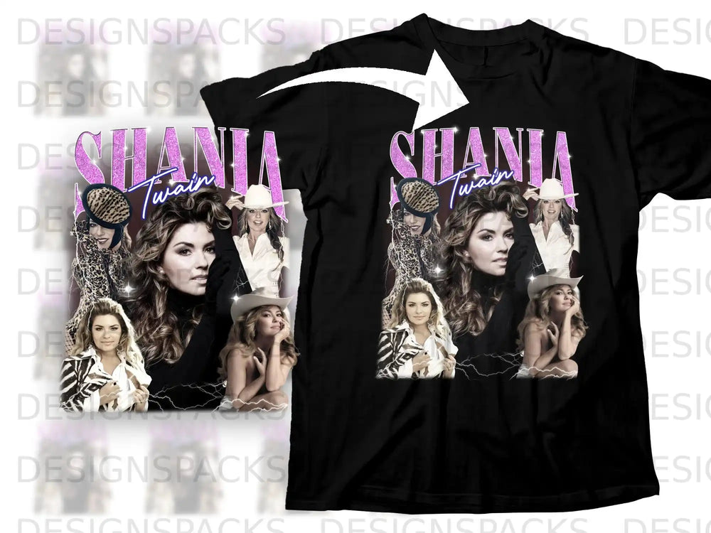 Shania Twain graphic t-shirt with multiple photos of the artist.