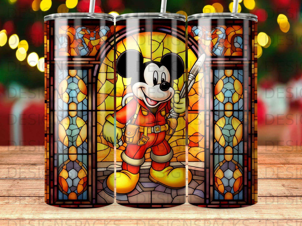 Mickey Mouse in firefighter uniform against stained glass window.