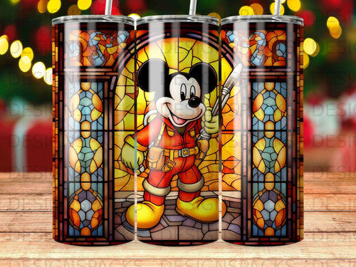 Mickey Mouse in firefighter uniform against stained glass window.