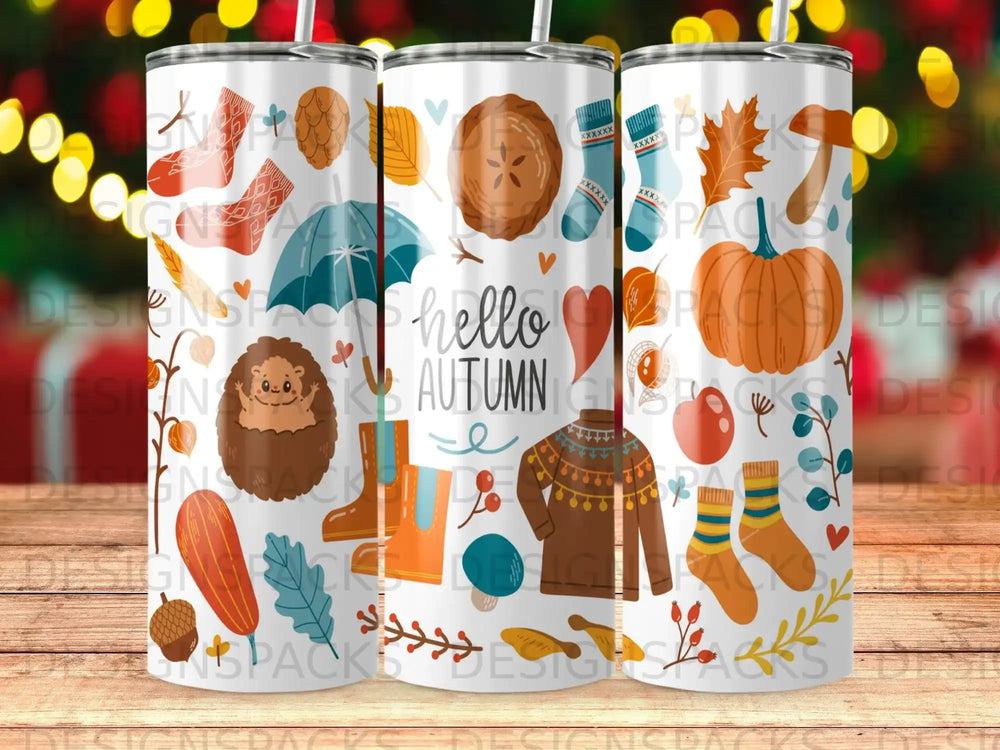 Tumbler with "hello AUTUMN" text and fall-themed illustrations.