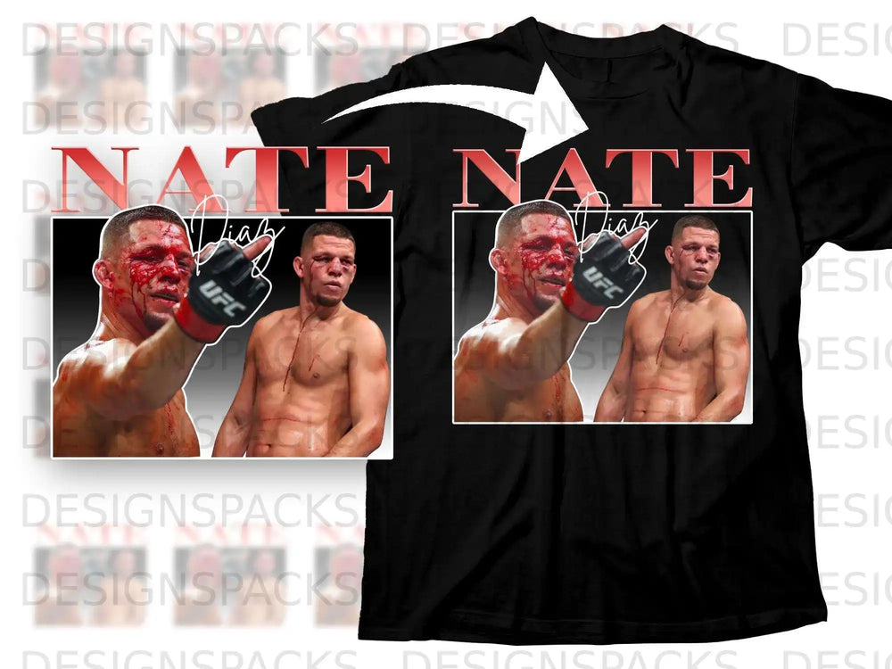 UFC fighter Nate Diaz in a t-shirt with his face on it.