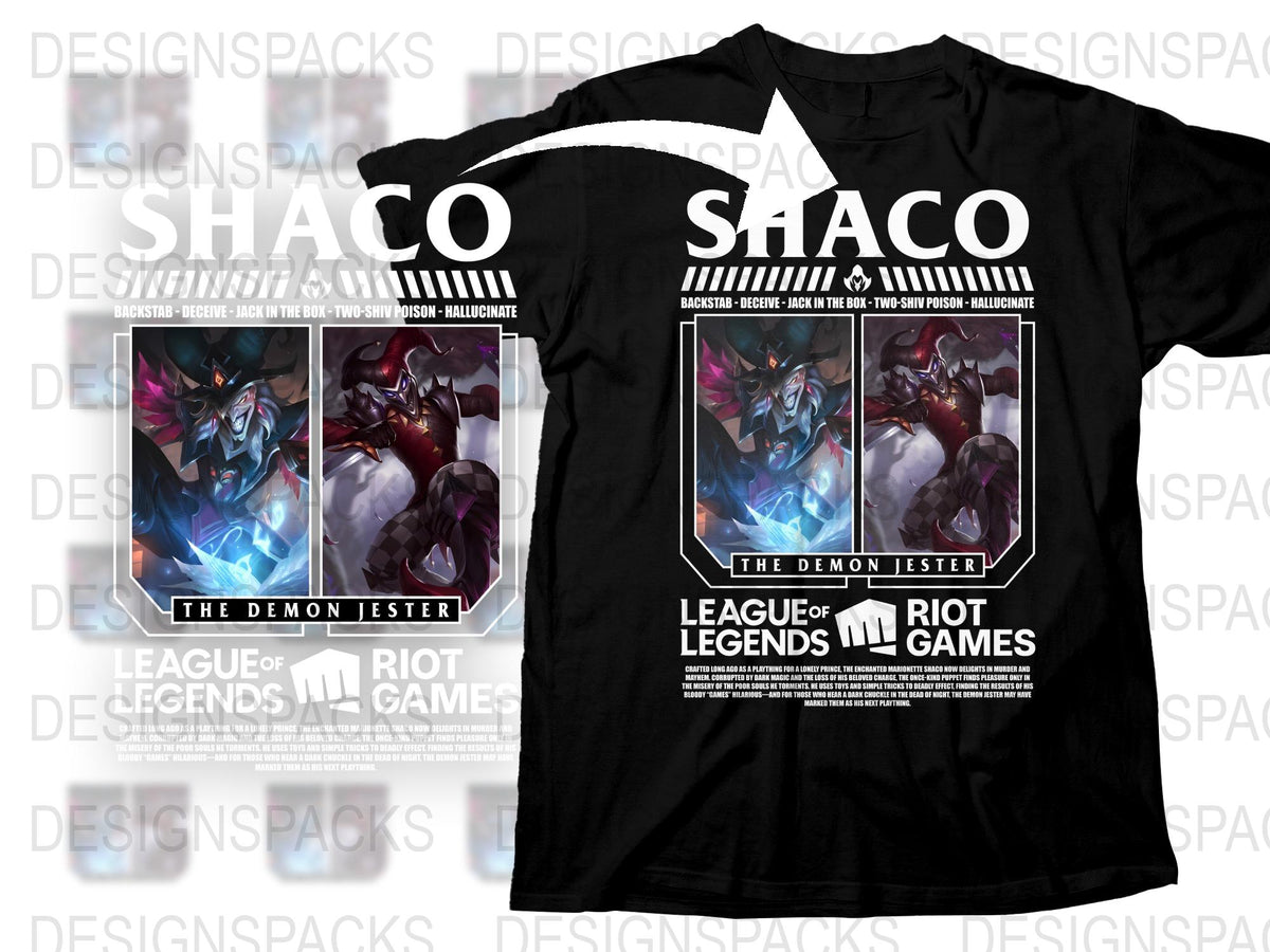 League of Legends Shaco T-Shirt, Gaming Apparel, Riot Games Merch, Black Tee, Demon Jester Design