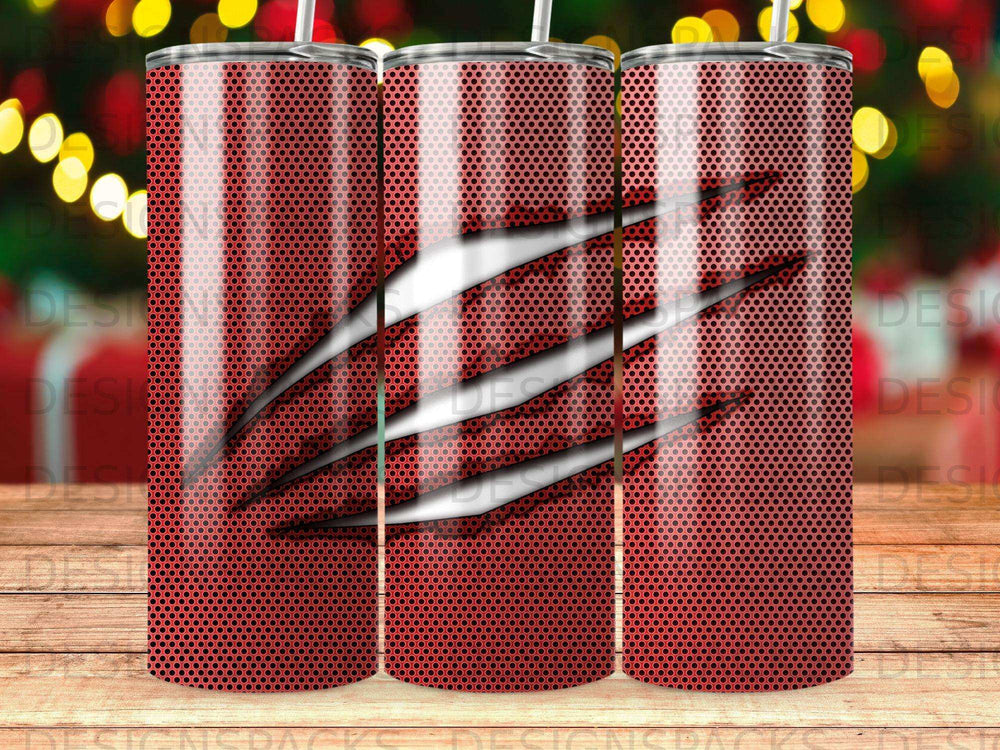 Red tumbler with claw marks and a textured pattern.