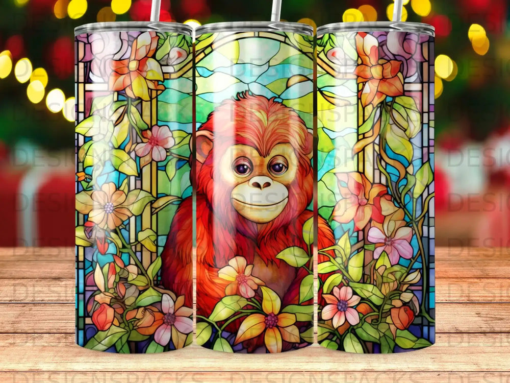 Orangutan surrounded by vibrant stained-glass floral designs.