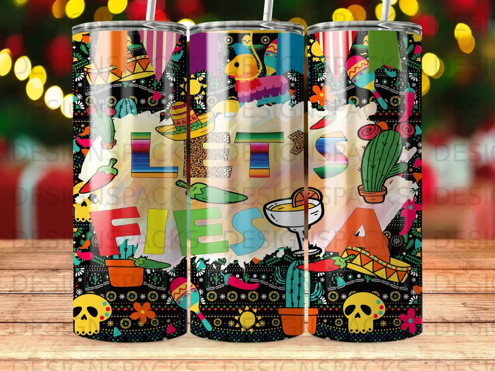 Colorful tumbler wrap with fiesta theme, skulls, cacti, and pinatas.