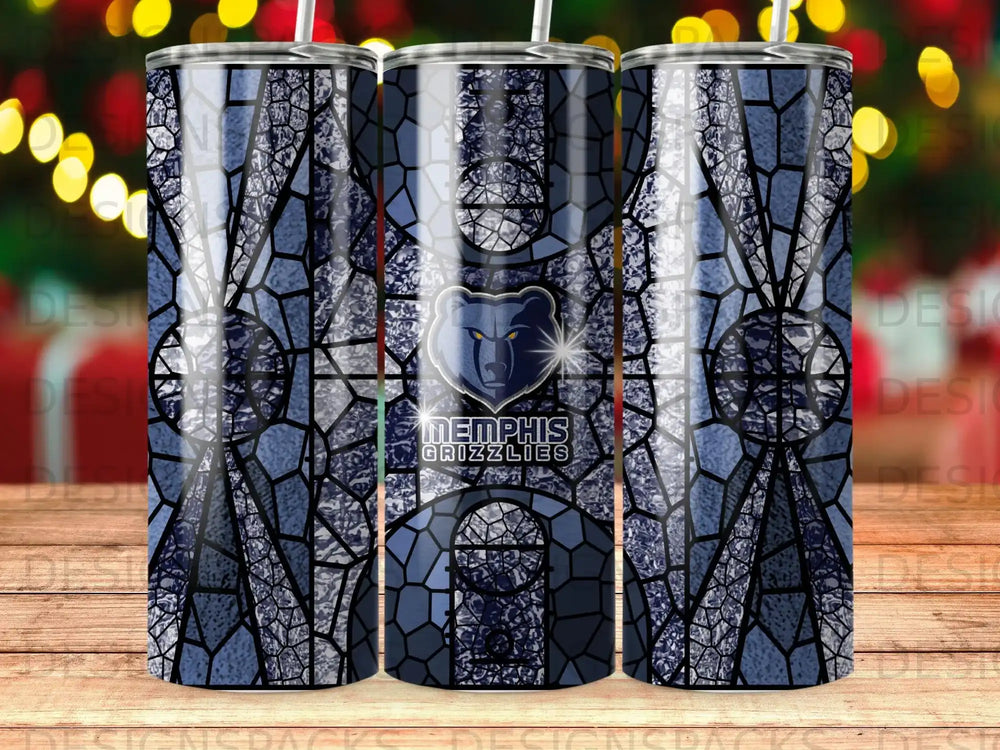 Memphis Grizzlies logo on a mosaic-patterned blue tumbler.
