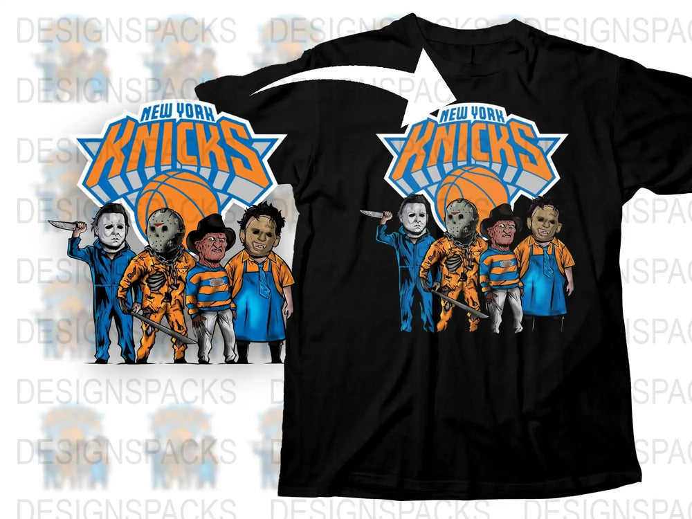 New York Knicks Horror Movie Characters Mashup T-Shirt, Unisex Basketball Fan Apparel, Unique Graphic Tee