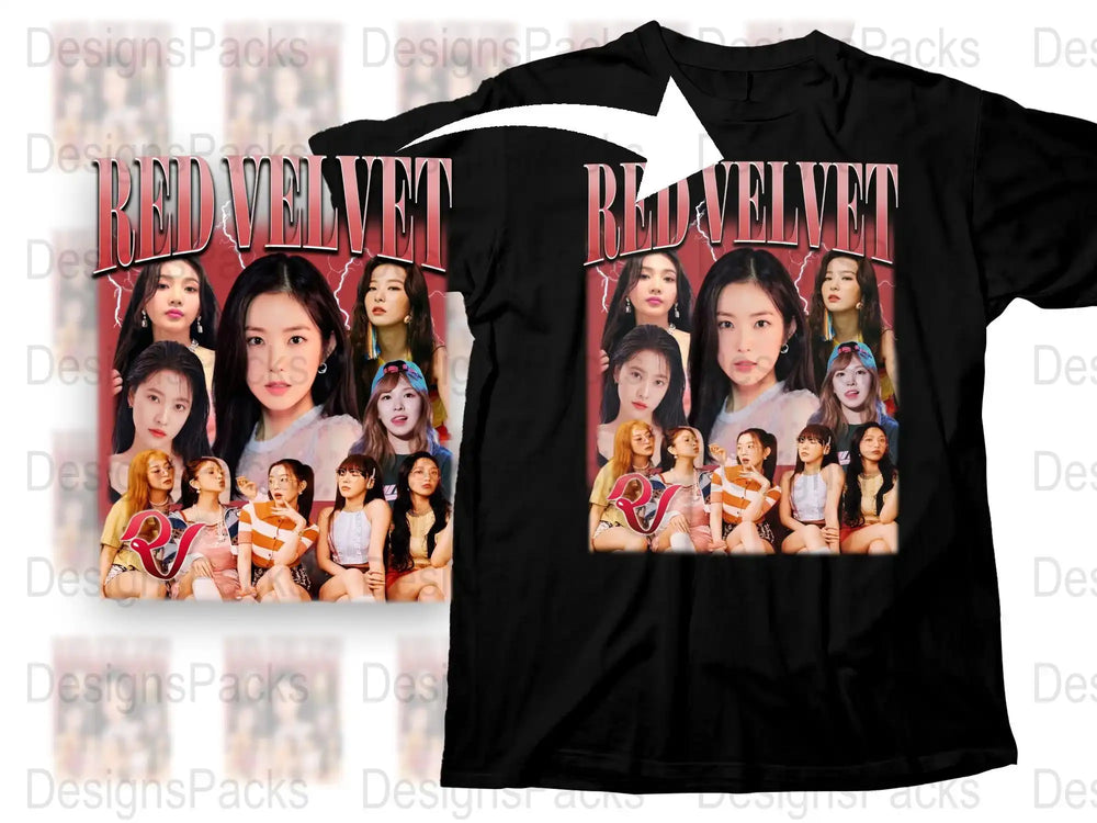 Red Velvet K-Pop Band Graphic T-Shirt, Black Cotton Tee with Group Photo Print