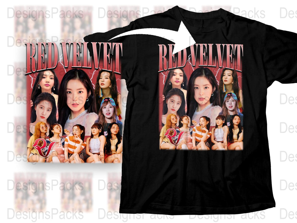 Red Velvet K-Pop Band Graphic T-Shirt, Black Cotton Tee with Group Photo Print