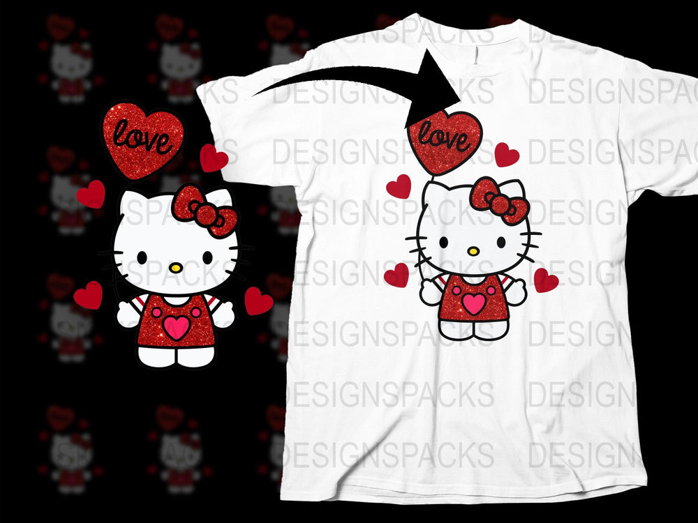 Hello Kitty Valentine's Day T-Shirt, Cute Cartoon Cat Love Hearts Tee, Children's and Adult Sizes Available