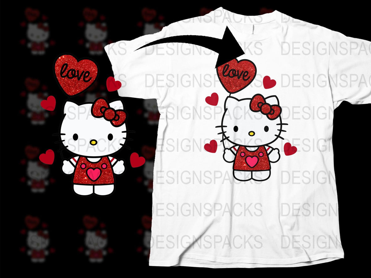 Hello Kitty Valentine's Day T-Shirt, Cute Cartoon Cat Love Hearts Tee, Children's and Adult Sizes Available