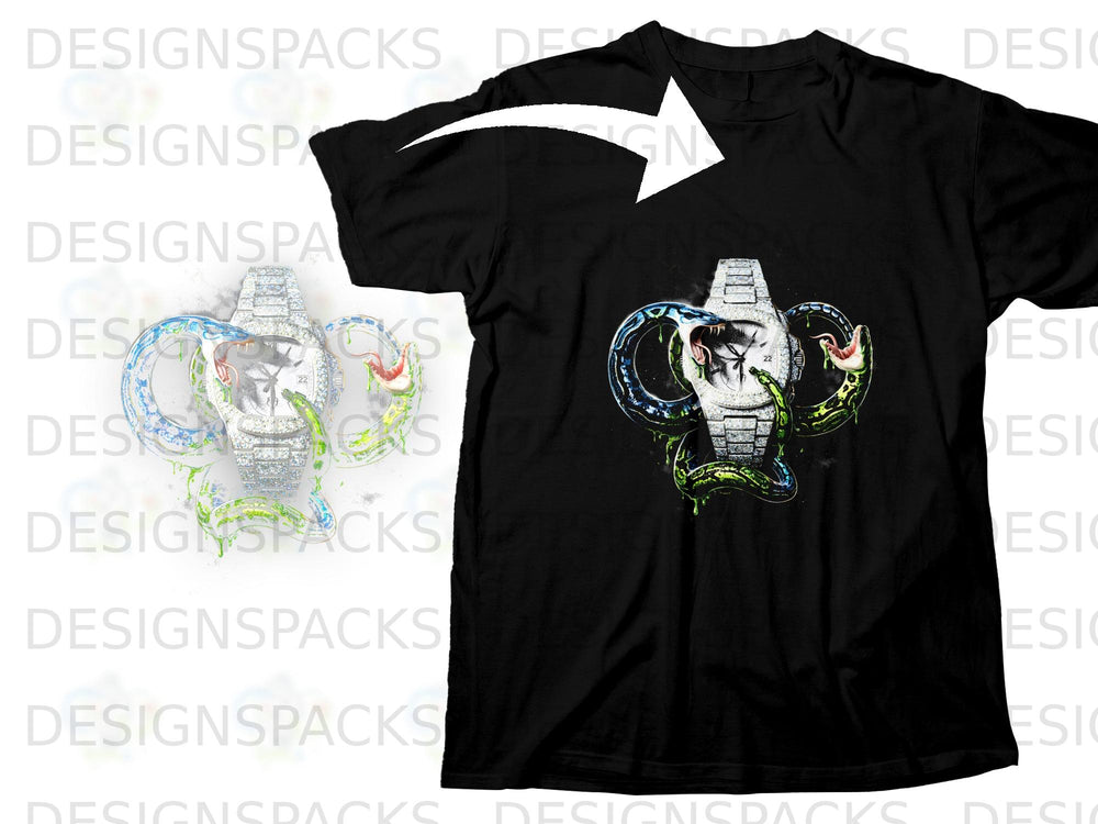 Black t-shirt with graphic of a diamond watch wrapped in a snake.