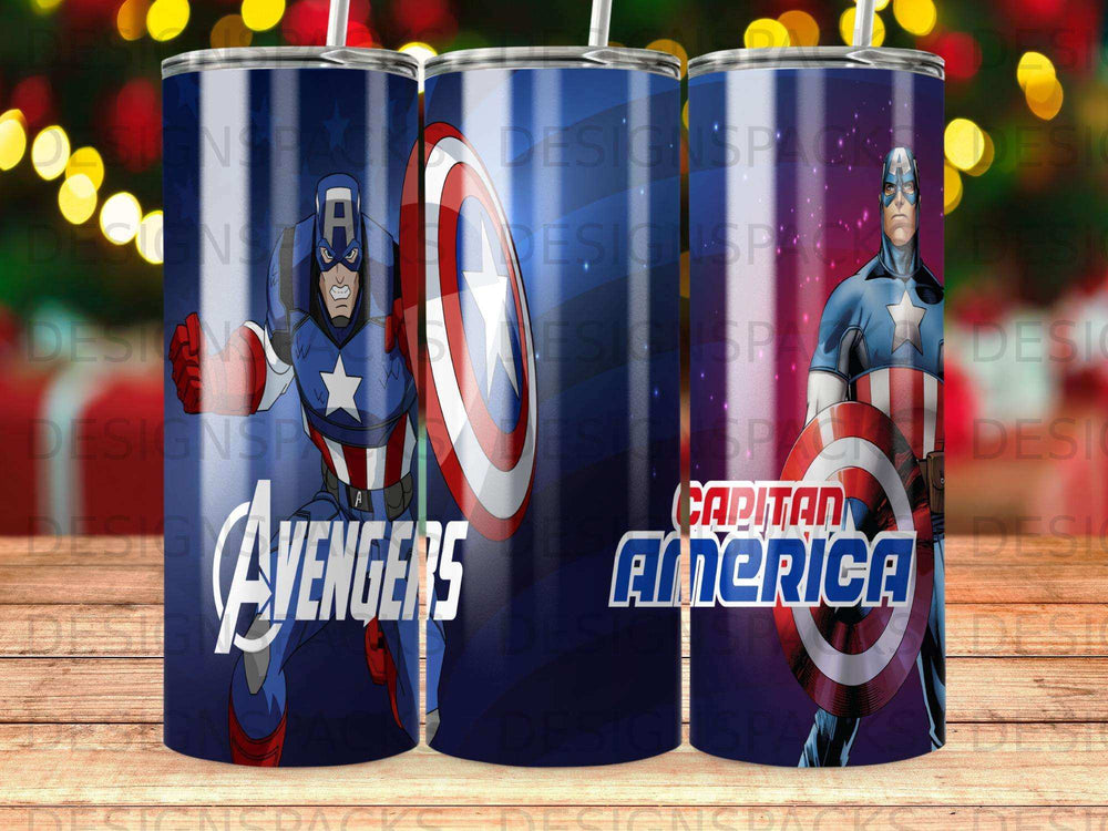 Captain America Avengers logo on a blue background with superhero imagery.