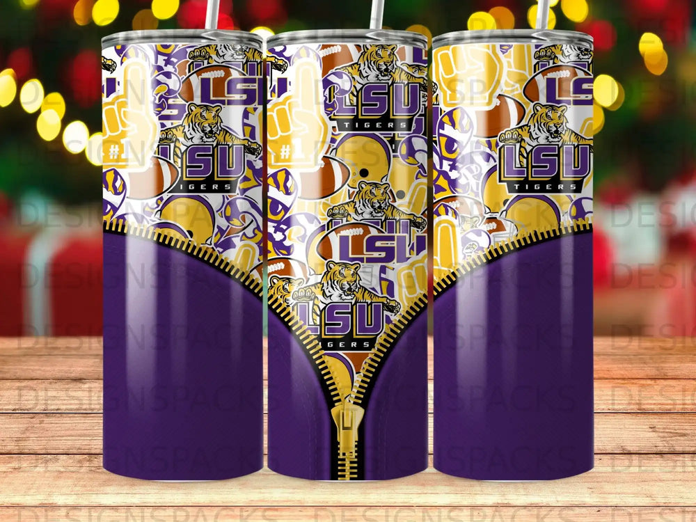LSU Tigers purple and gold football-themed tumbler with zipper design.