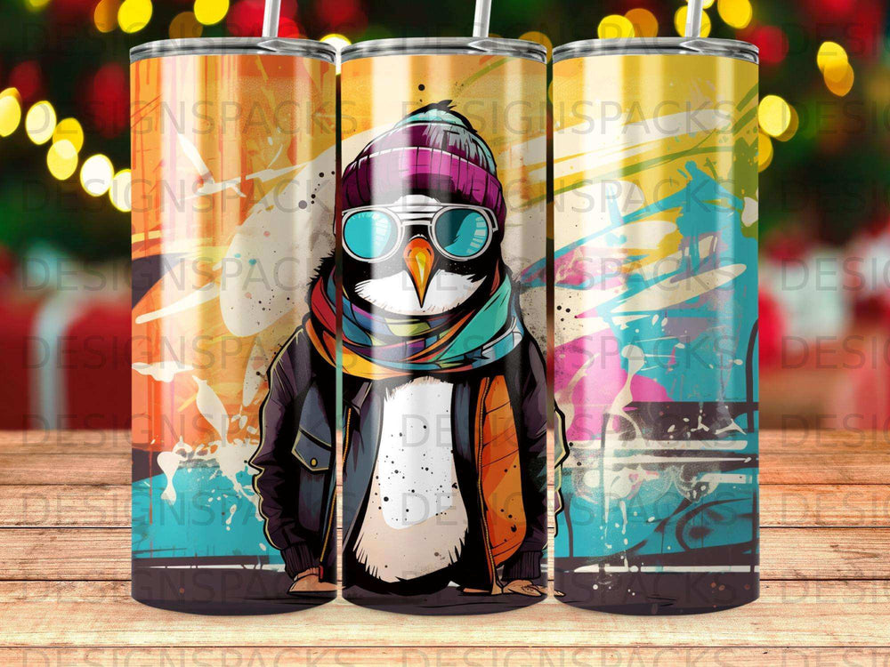 Penguin wearing sunglasses and scarf on a colorful background.