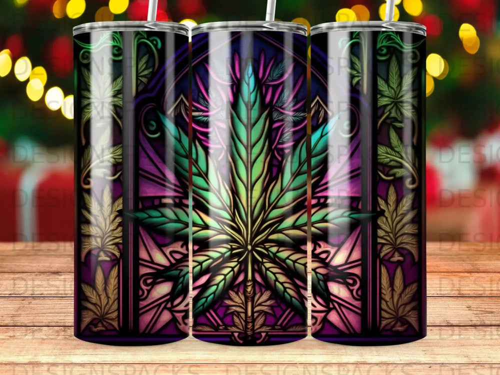 Green cannabis leaf design on a stained-glass style tumbler.