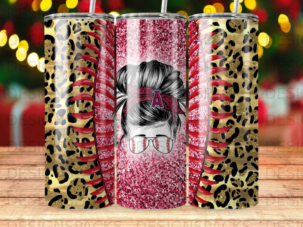 Tumbler with leopard print, glitter, baseball, and lips design.