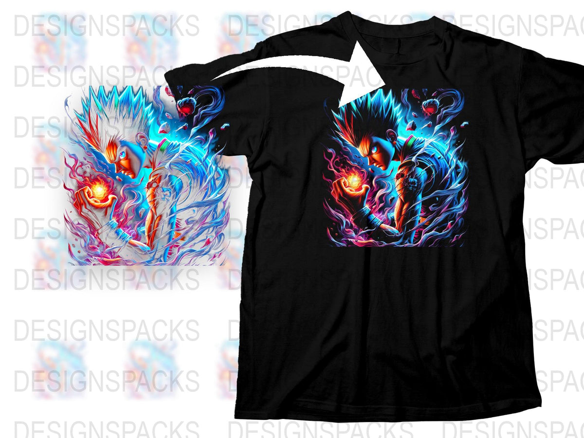 Men's Graphic T-Shirt with Vibrant Fire and Ice Wolves Design, Cool Fantasy Art Tee, Unique Animal Print Shirt