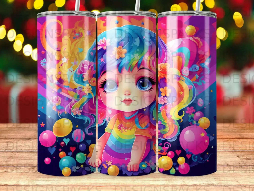Colorful cartoon girl with rainbow shirt and pink hair, surrounded by flowers and balloons.