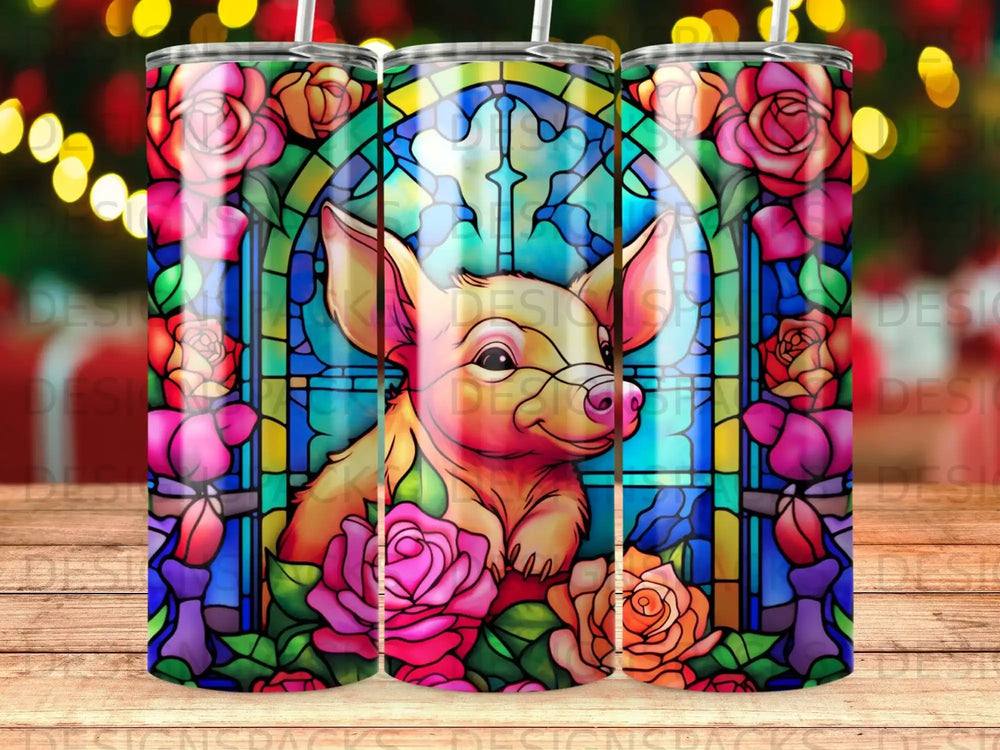 Stained glass pig surrounded by roses with bokeh background.