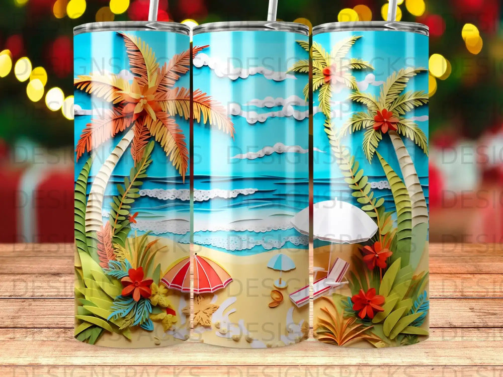 Three tropical beach tumblers with palm trees, ocean, and beach chairs.