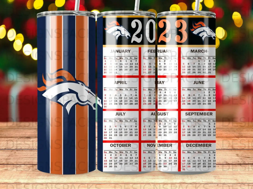 Tumbler with Denver Broncos logo and 2023 calendar.
