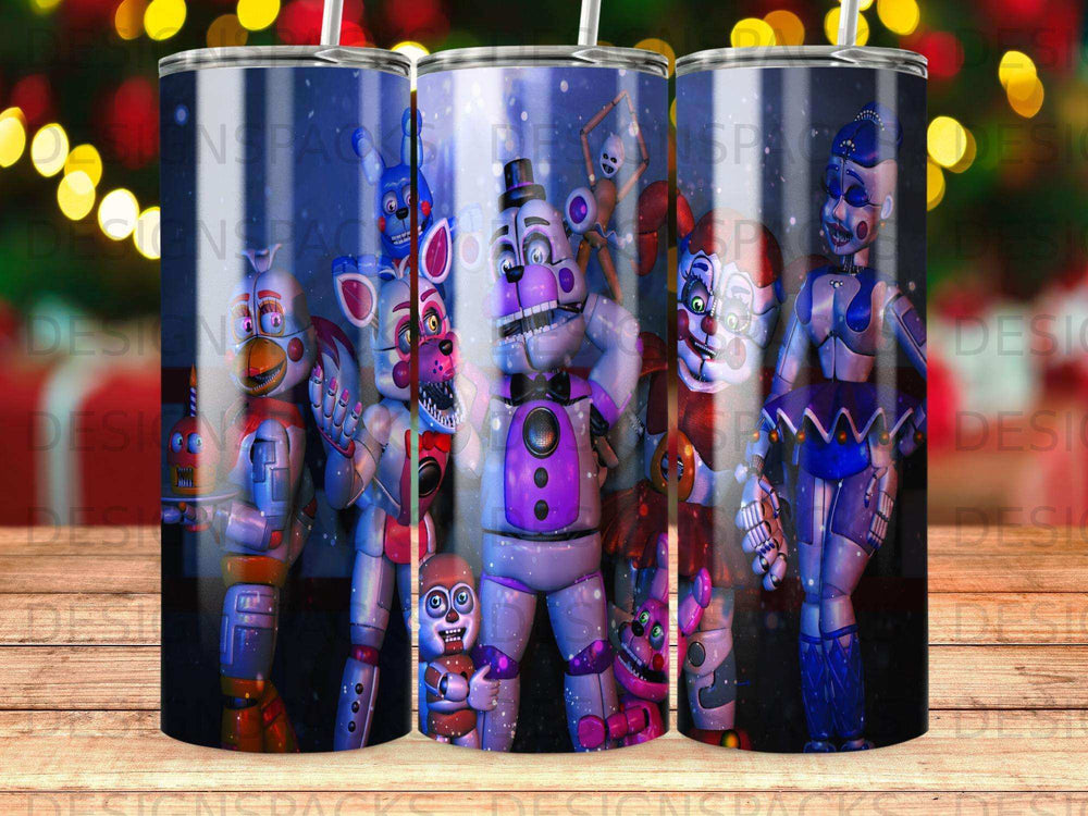 Five animatronic characters from Five Nights at Freddy's stand together.