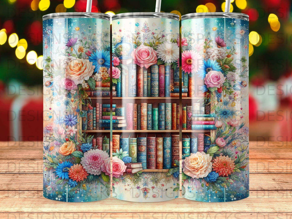 Tumbler with floral design and vintage bookshelves.