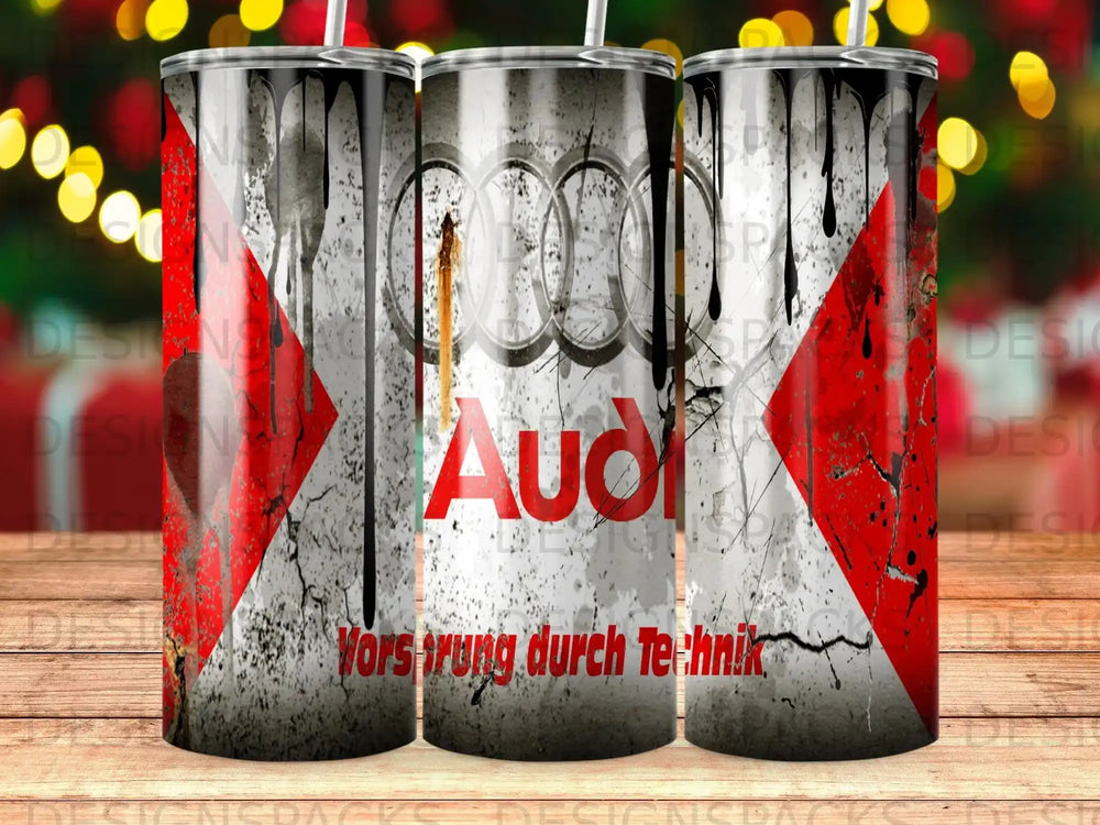Audi logo with "Vorsprung durch Technik" slogan on a distressed background.