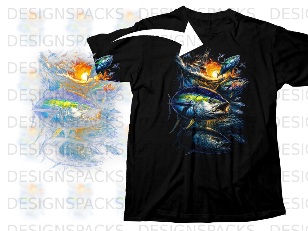 Black t-shirt with a vibrant graphic of tuna fish, a fishing boat, and crashing waves.
