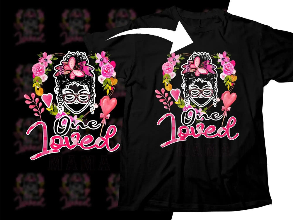 One Loved Mama floral design on black t-shirt with pink hearts and butterfly