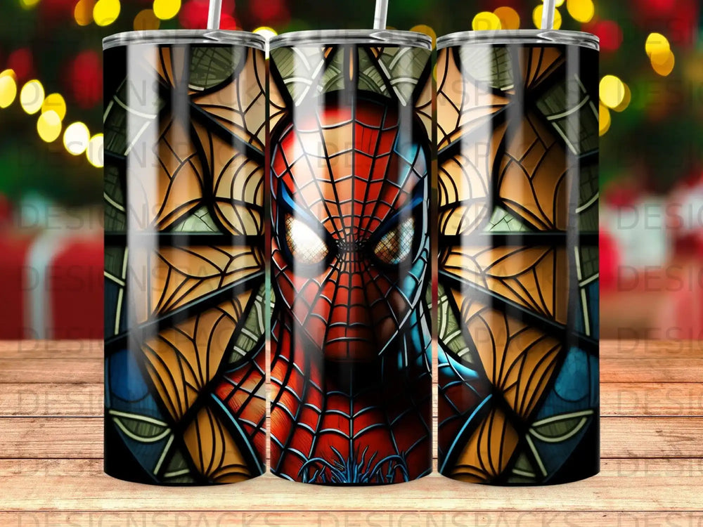 Spiderman face and web pattern on a tumbler.
