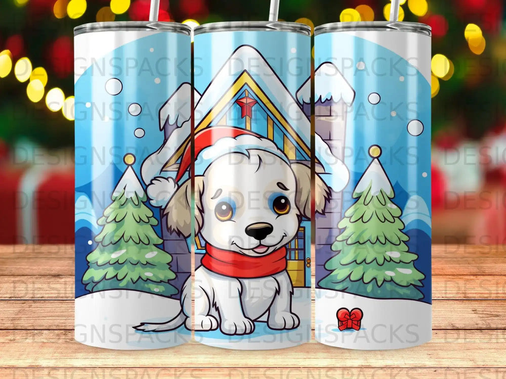 Cute cartoon puppy wearing Santa hat and scarf with snowy house and trees.