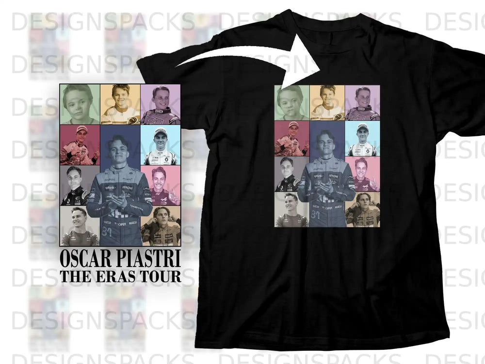 Oscar Piastri "The Eras Tour" t-shirt with grid of driver photos.