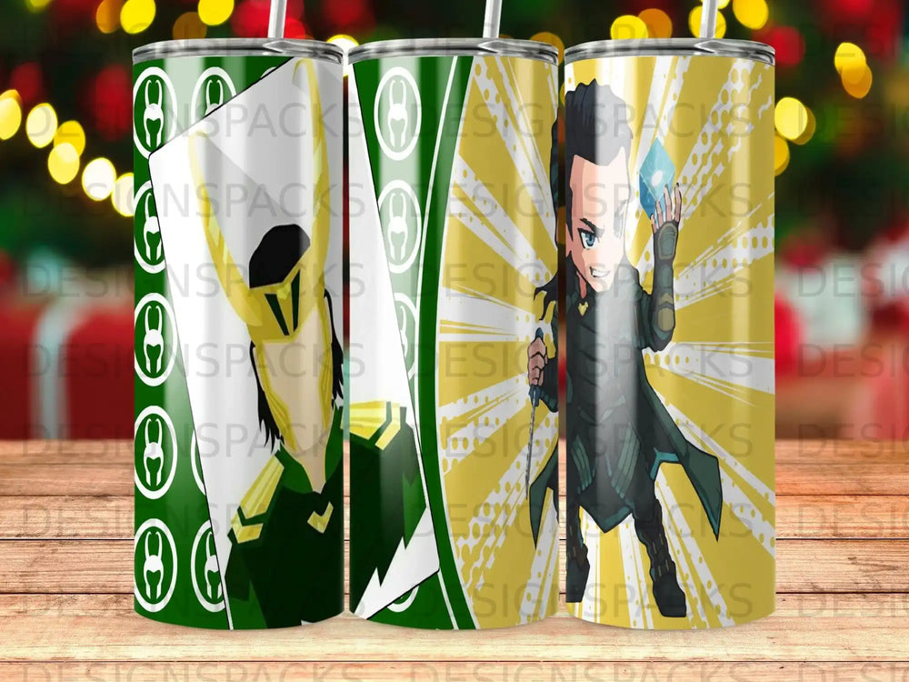 Loki character graphic on three rotating tumblers with green and yellow background.