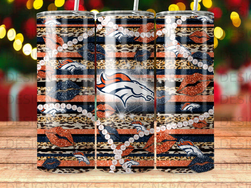 Denver Broncos leopard print and glitter tumbler with lipstick kisses.