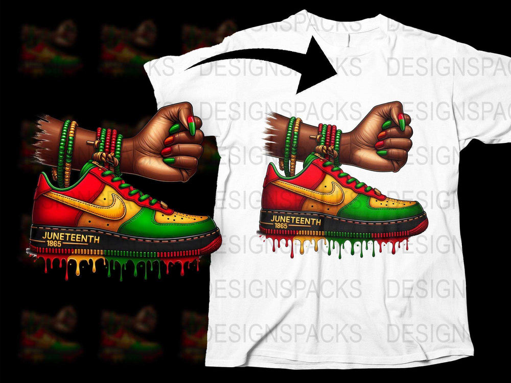 Juneteenth Celebration T-Shirt, Colorful Dripping Paint Sneakers Design, Vibrant Graphic Tee