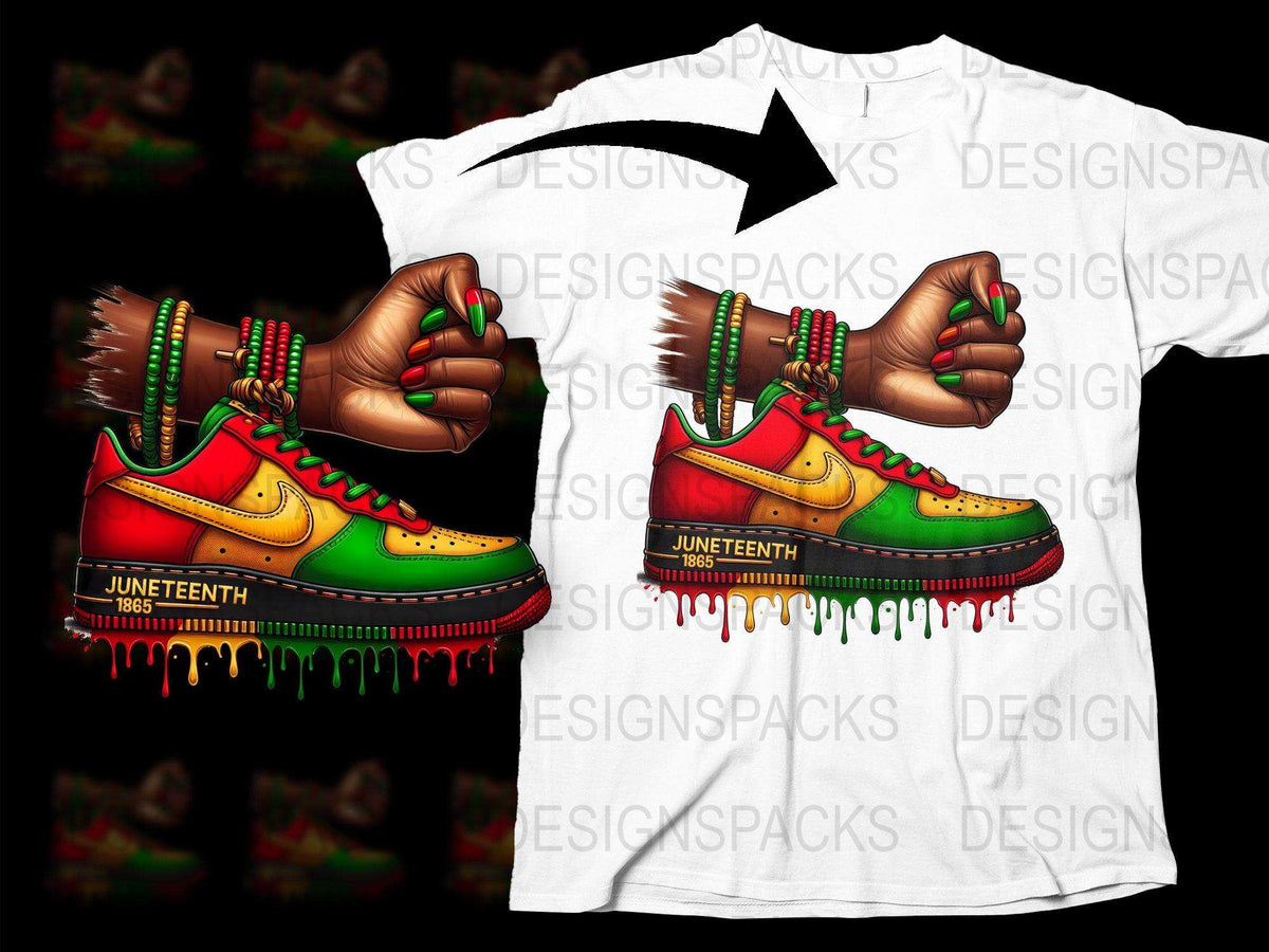 Juneteenth Celebration T-Shirt, Colorful Dripping Paint Sneakers Design, Vibrant Graphic Tee