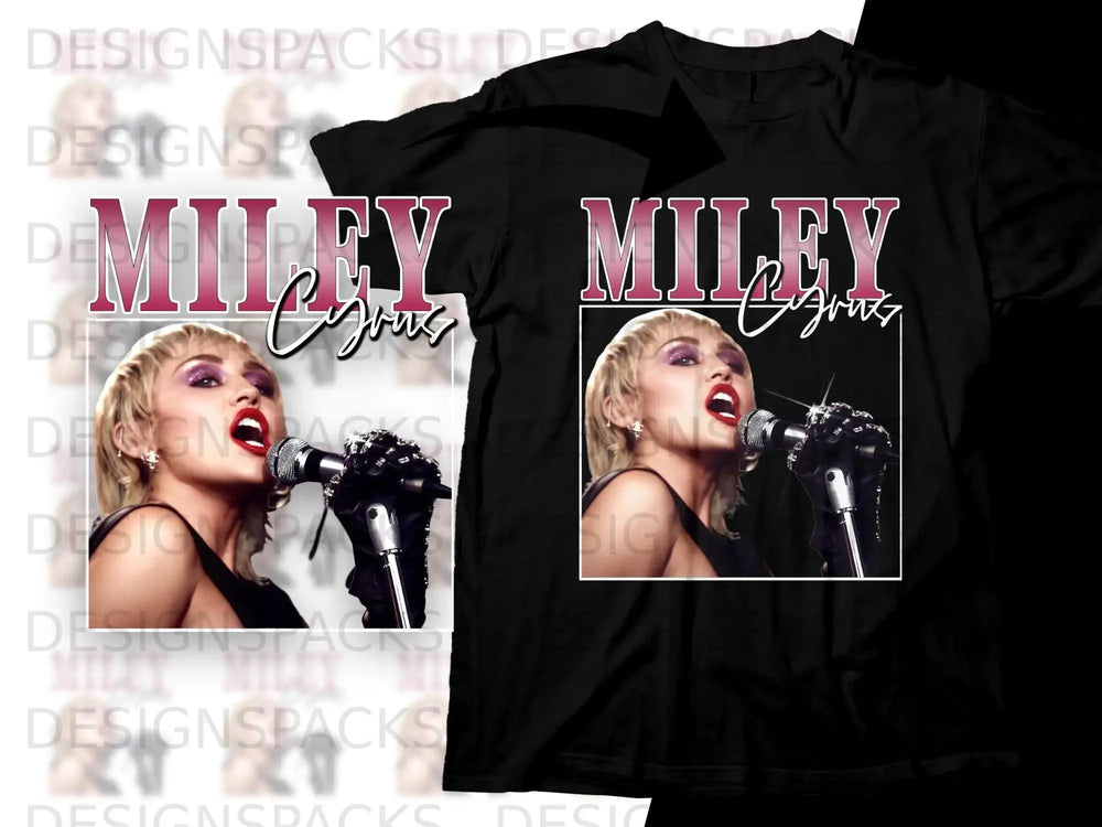 Miley Cyrus singing into a microphone on a black t-shirt.