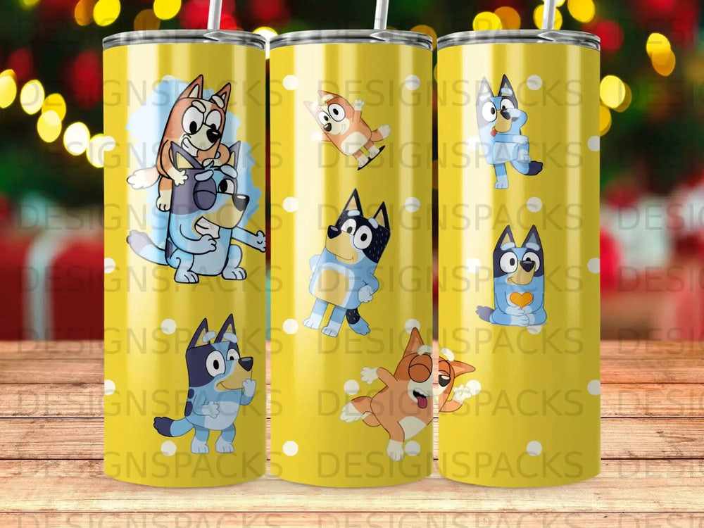Bluey and Bingo characters on a yellow tumbler with repeating pattern.